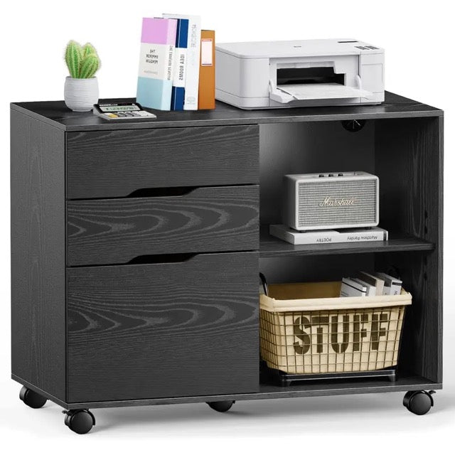 3-Drawer Rolling Filing Cabinet with Printer Stand, Mobile Office Storage Cabinet on Wheels with Locking Casters