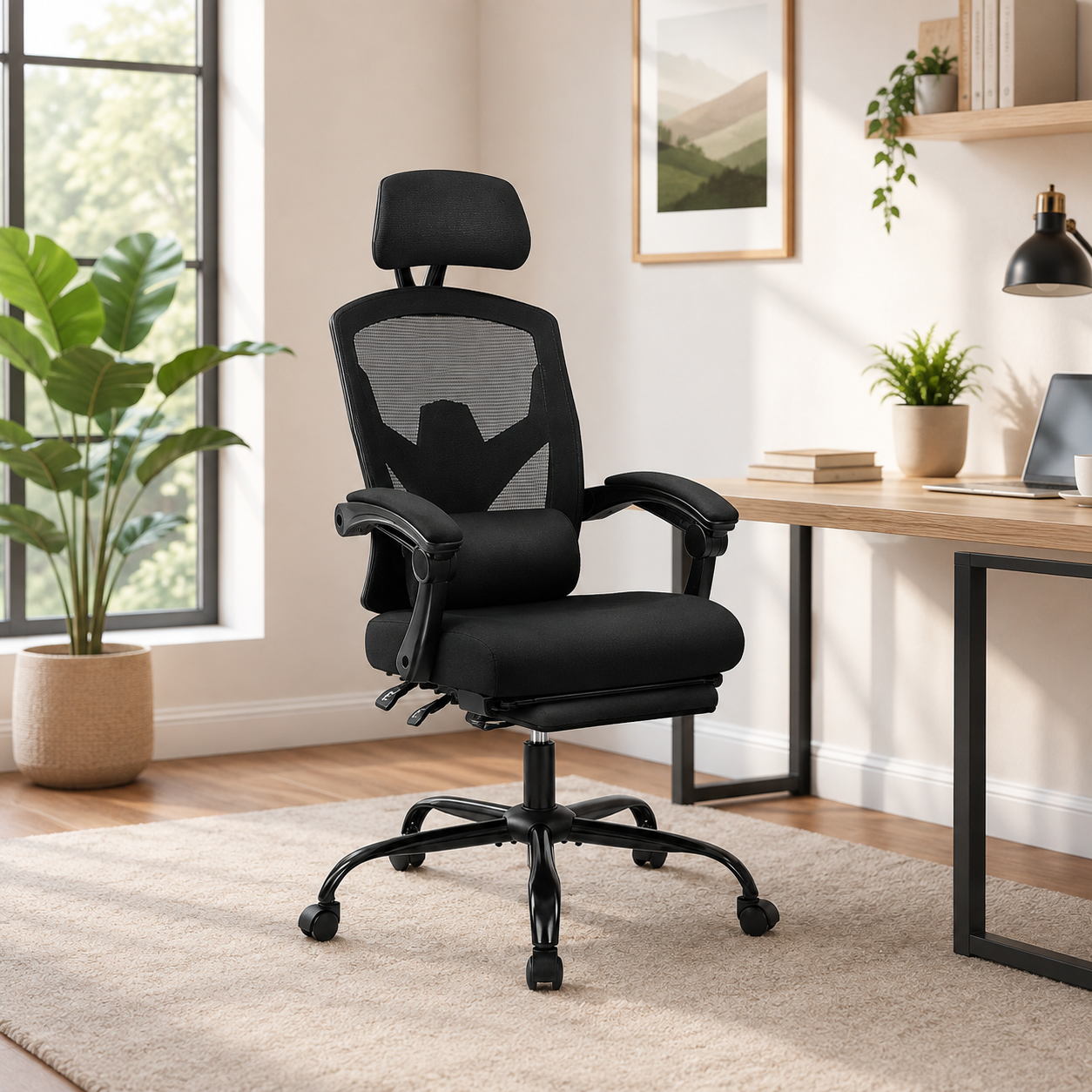 Ergonomic Mesh Office Chair with Retractable Footrest 