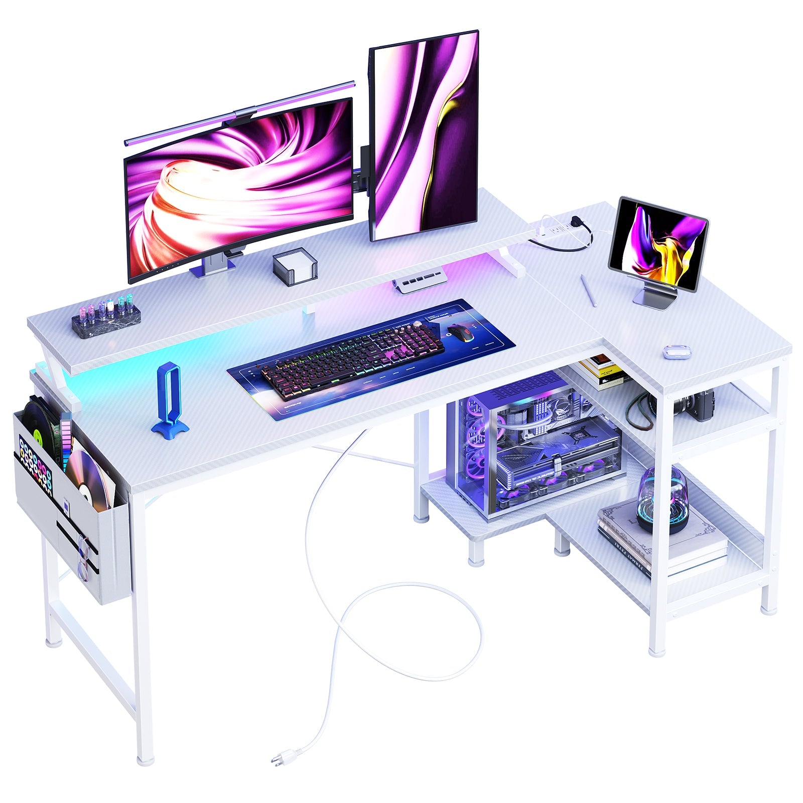 L-Shaped Gaming Desk with LED & Power