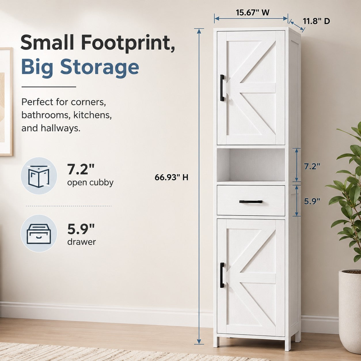 Tall Narrow Storage Cabinet with 2 Barn Doors & Drawer
