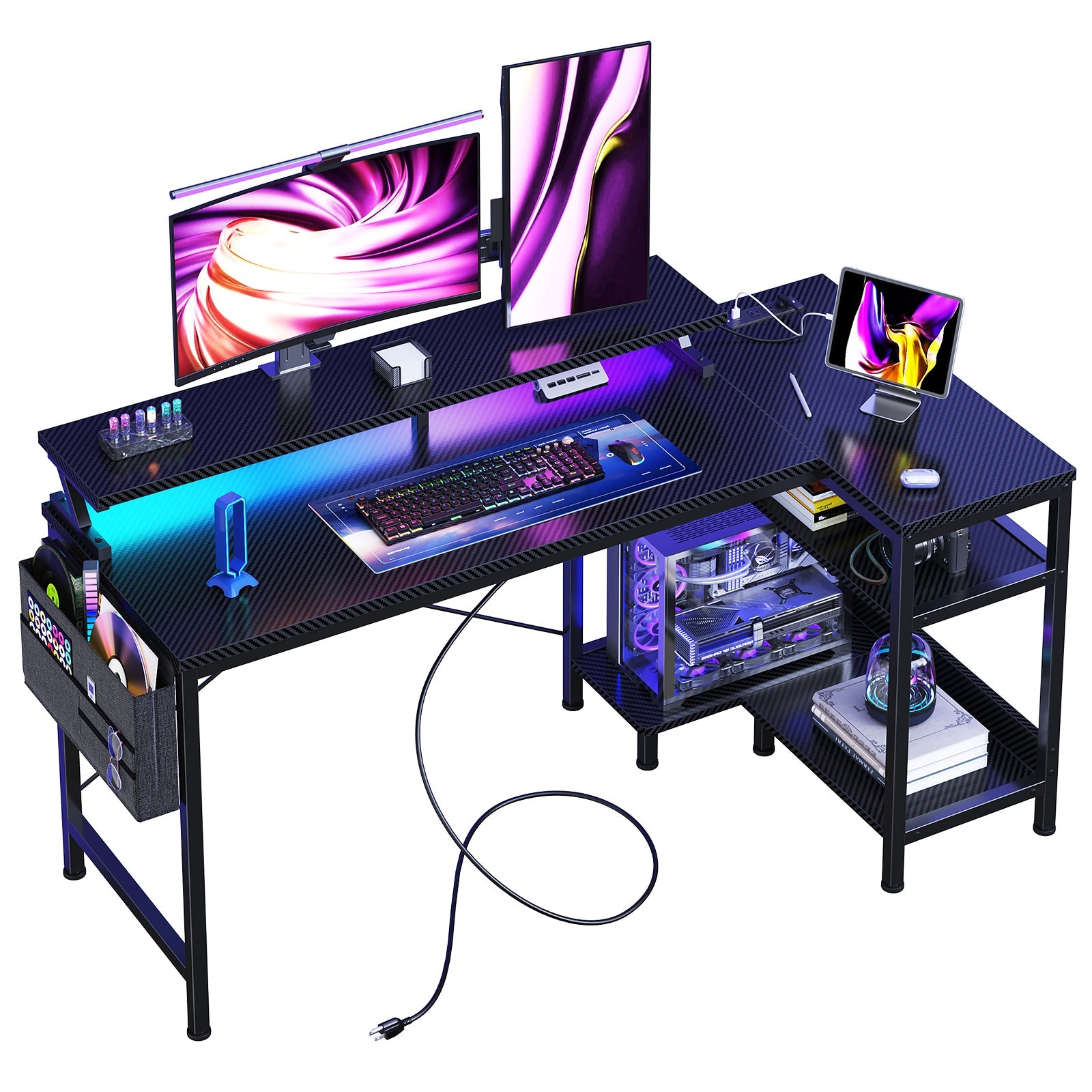 L-Shaped Gaming Desk with LED & Power