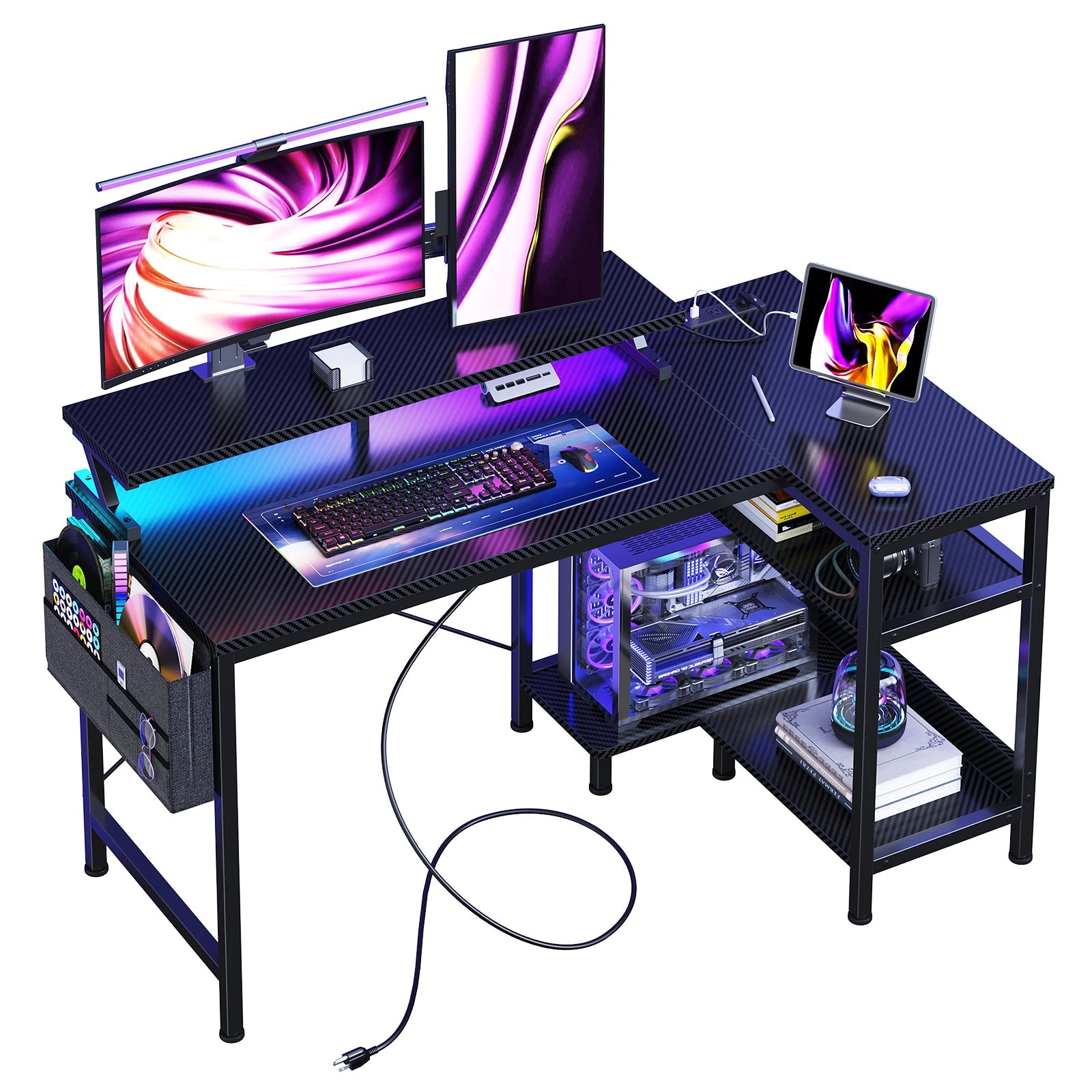 L-Shaped Gaming Desk with LED & Power