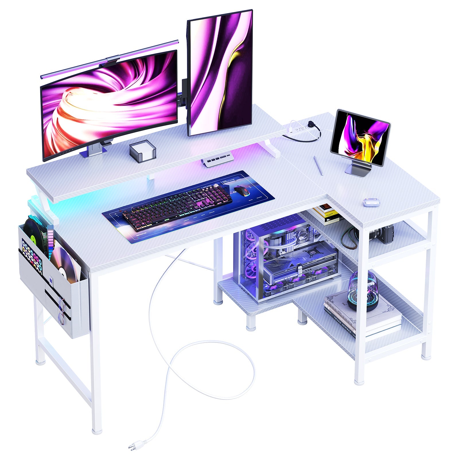 L-Shaped Gaming Desk with LED & Power