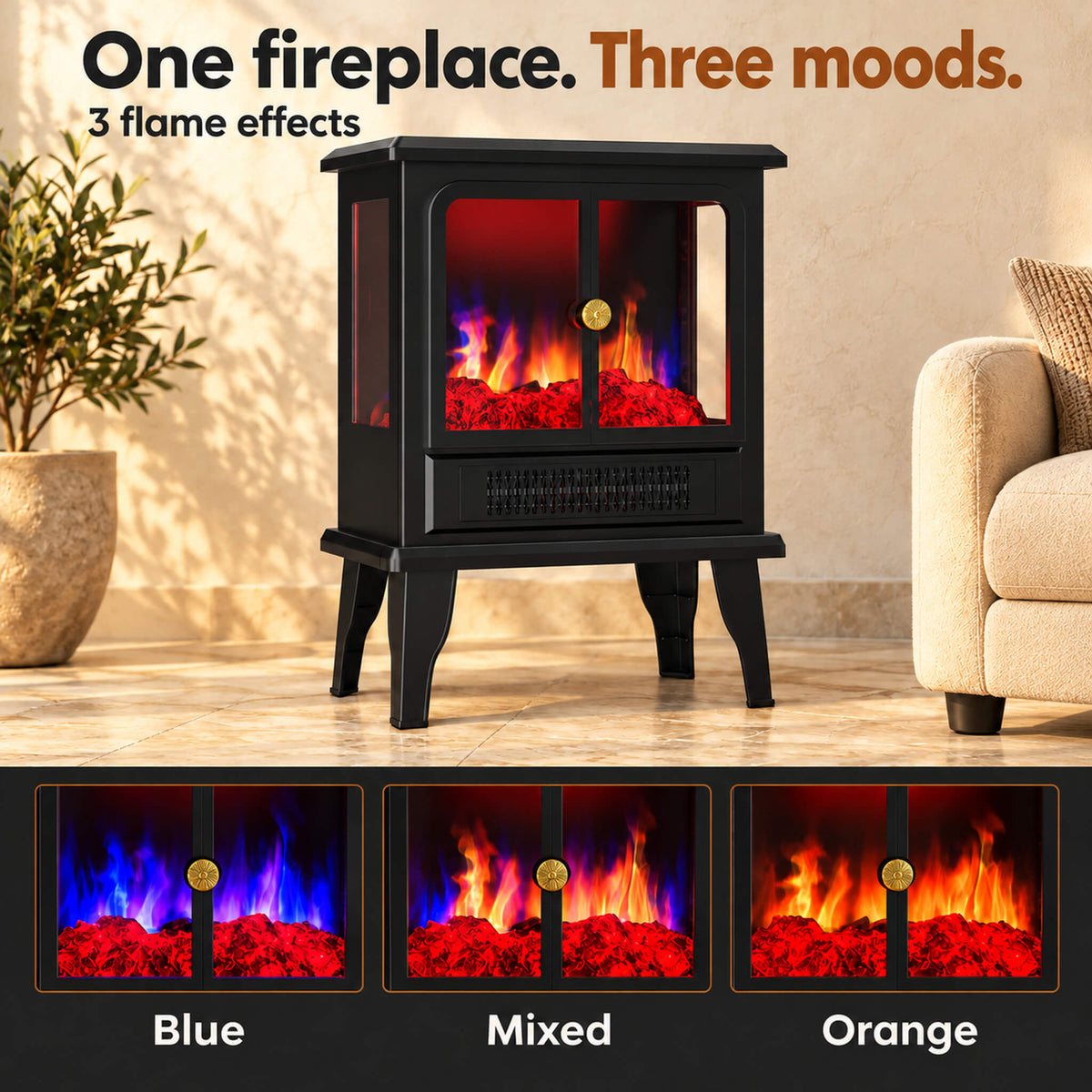 Electric Fireplace Heater with 3 Flame Effects & 2 Heating Modes