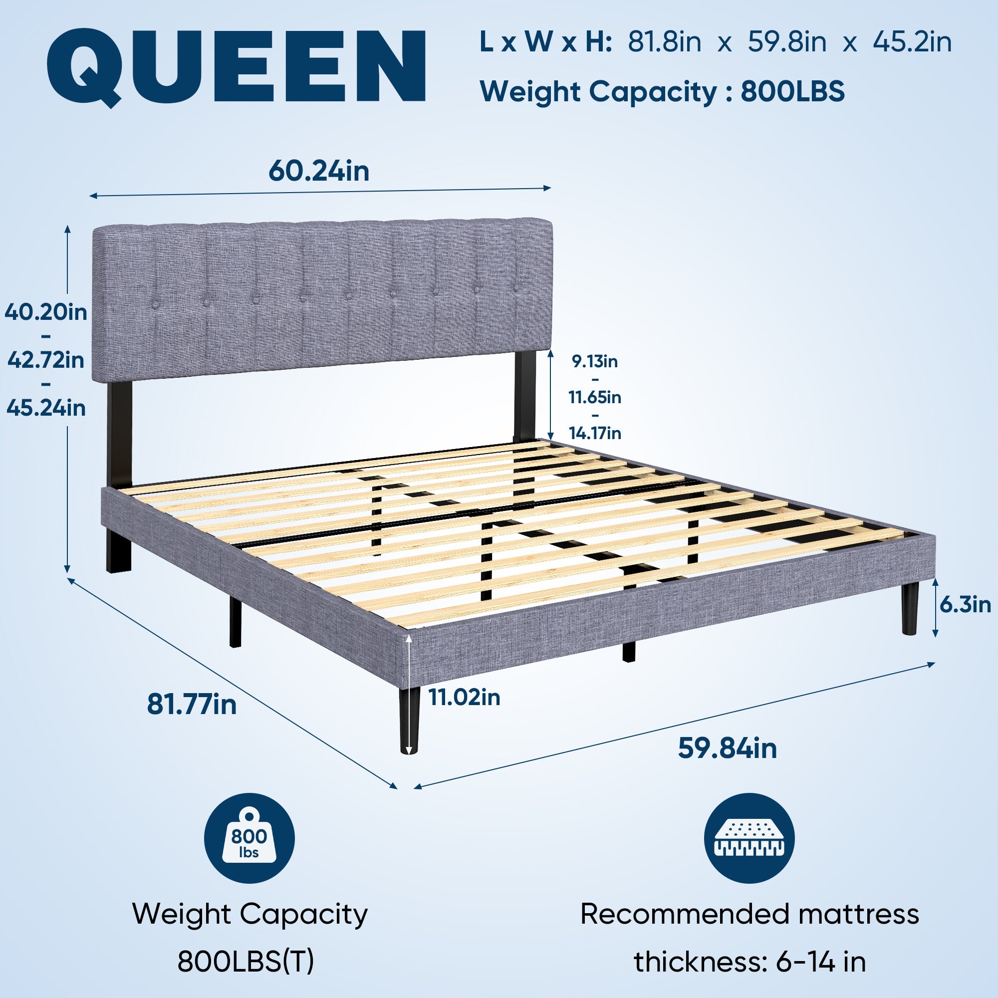 Fabric Upholstered Platform Bed Adjustable Headboard