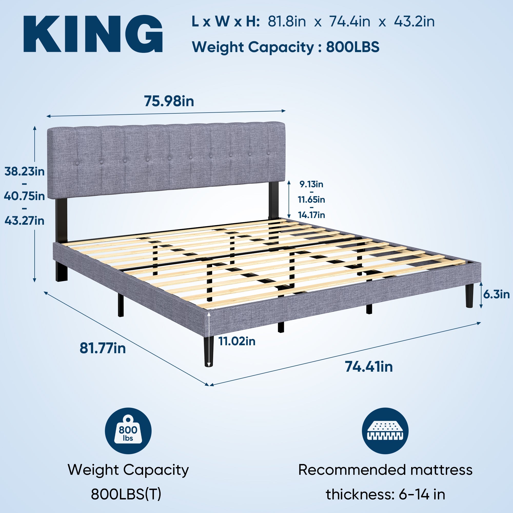 Fabric Upholstered Platform Bed Adjustable Headboard