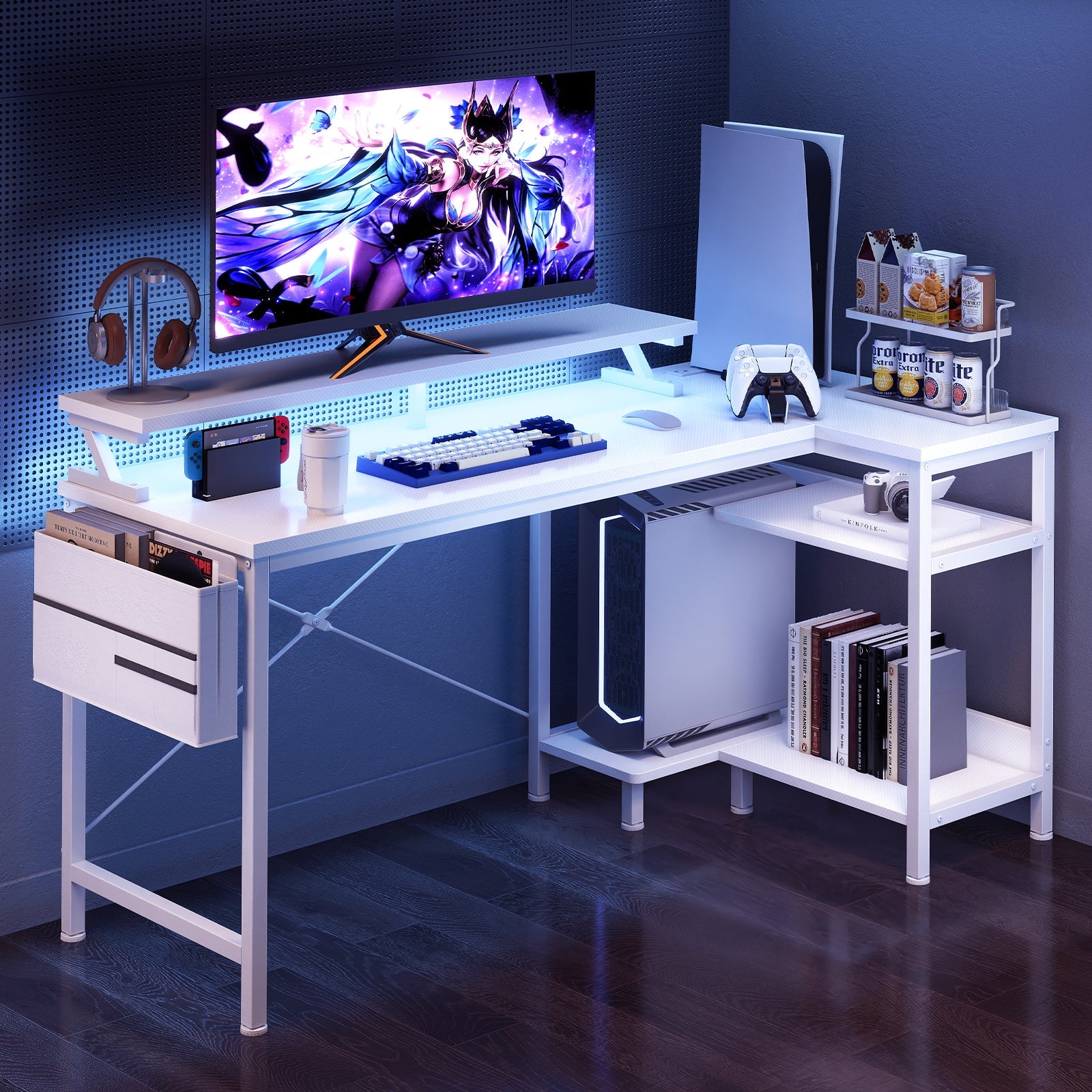L-Shaped Gaming Desk with LED & Power