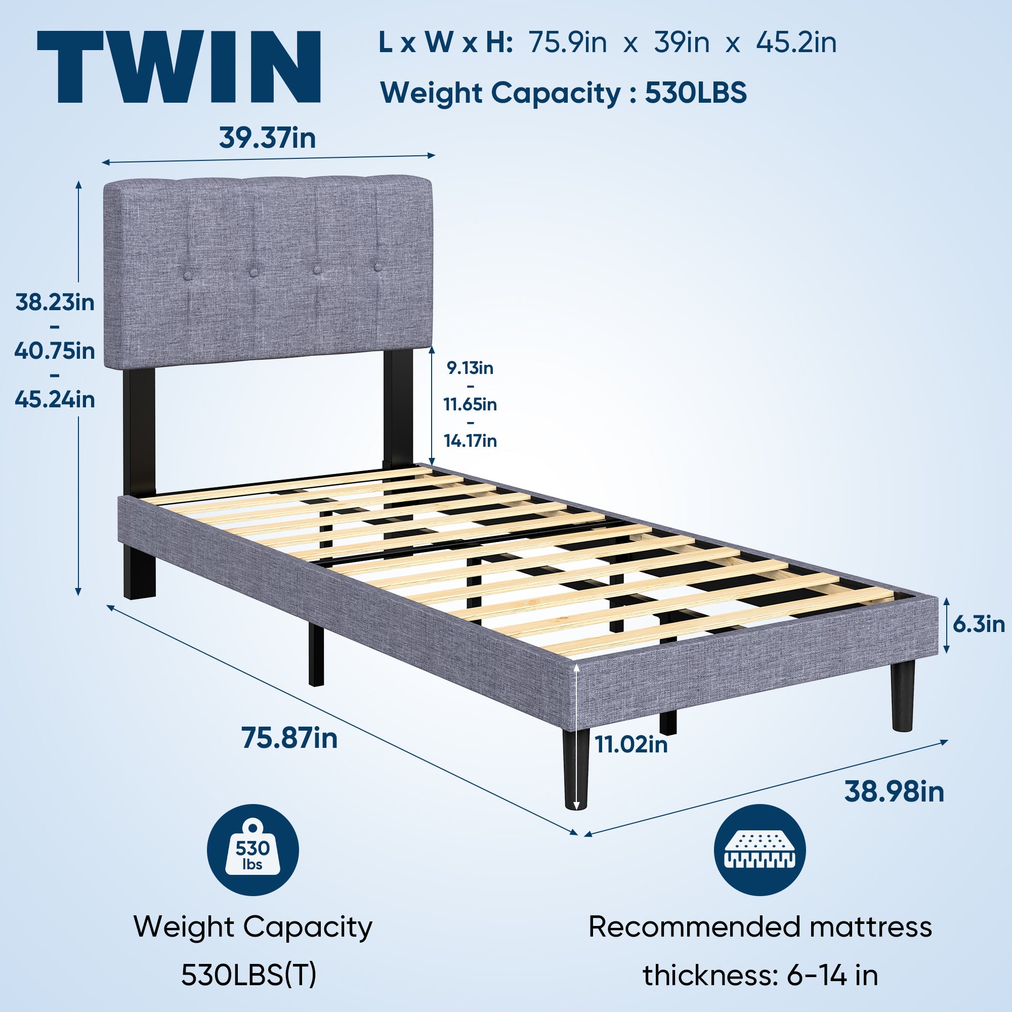 Fabric Upholstered Platform Bed Adjustable Headboard