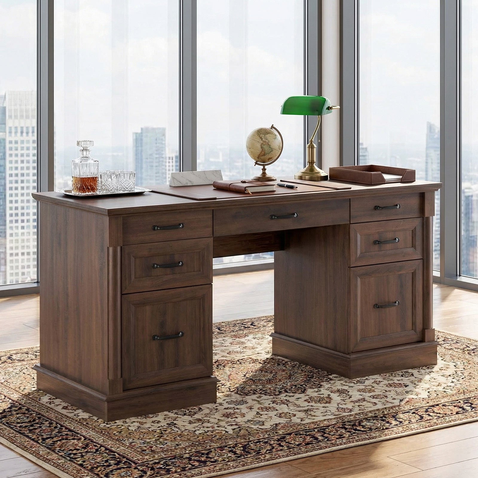 Farmhouse Executive Wood Desk 7 Drawers