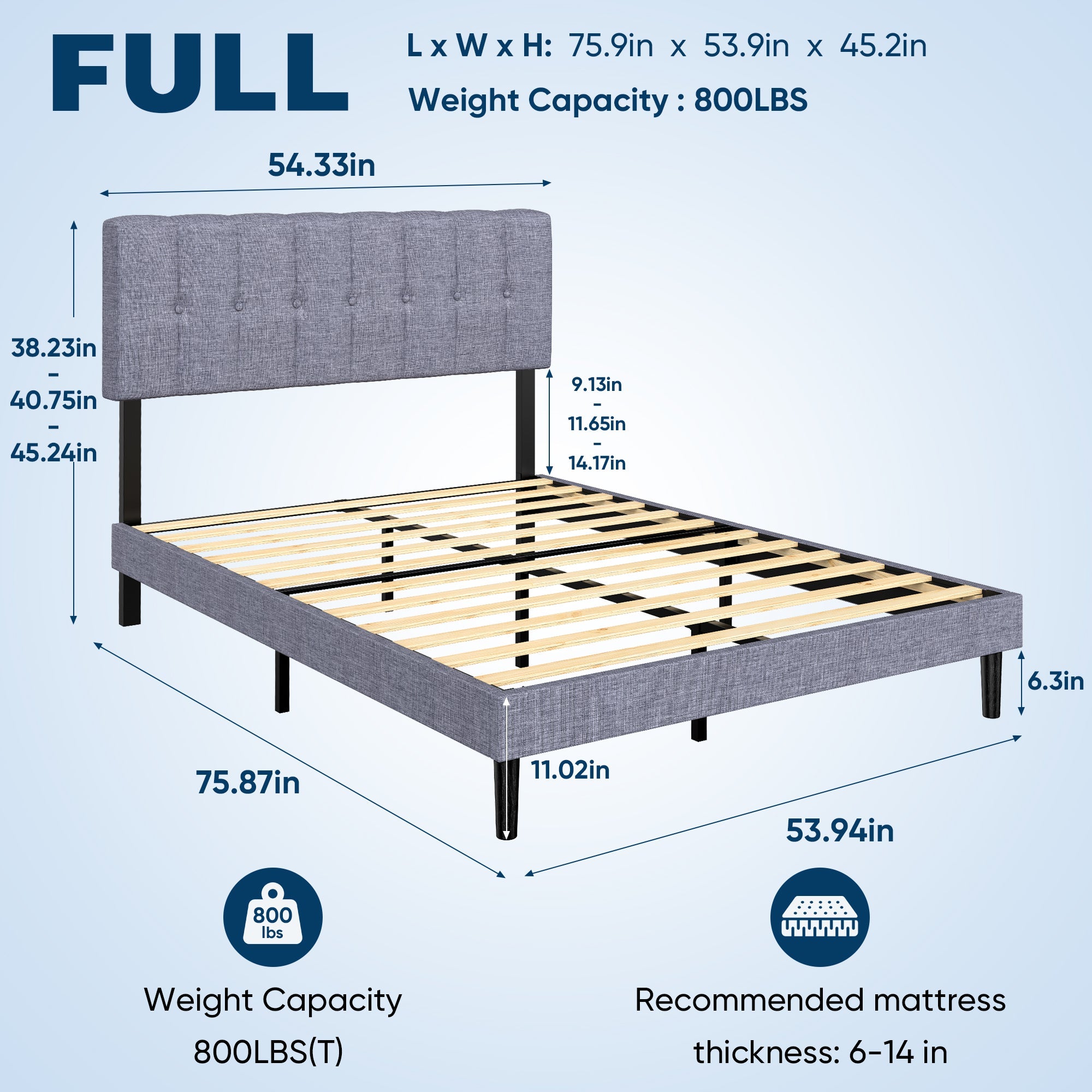 Fabric Upholstered Platform Bed Adjustable Headboard