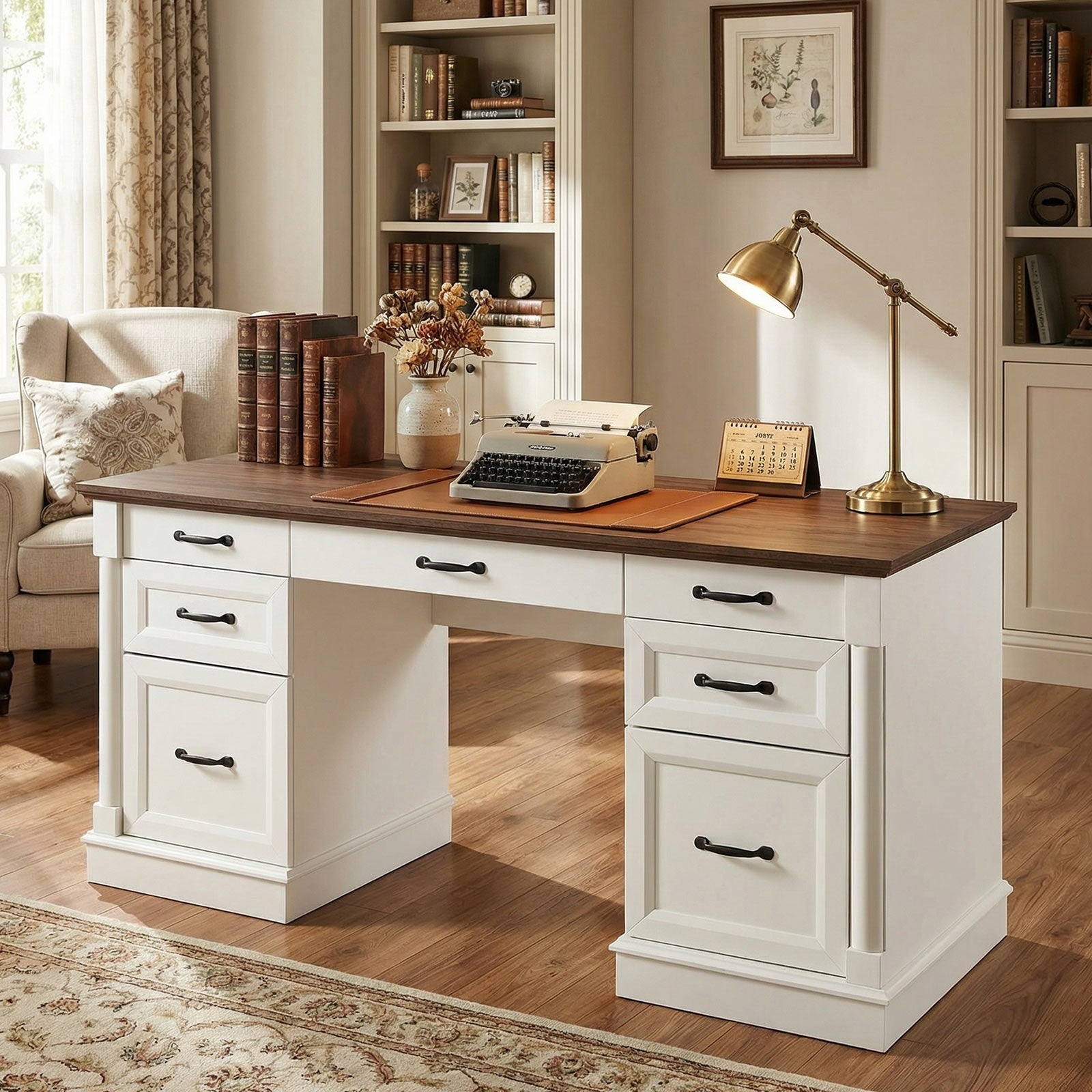 Farmhouse Executive Wood Desk 7 Drawers