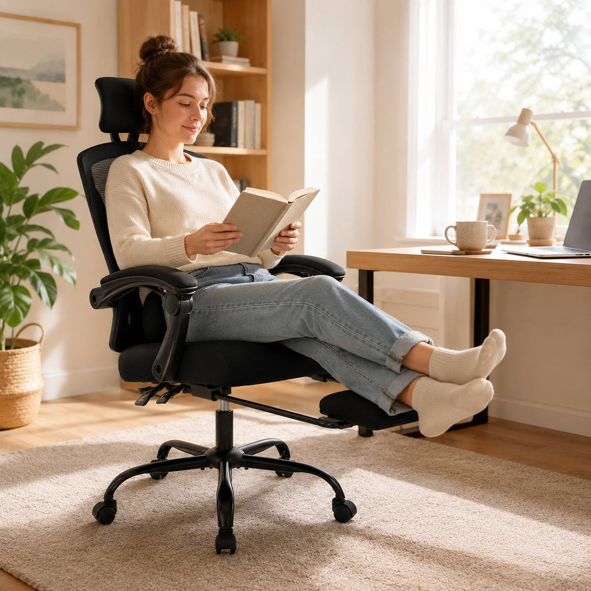 Ergonomic Mesh Office Chair with Retractable Footrest 