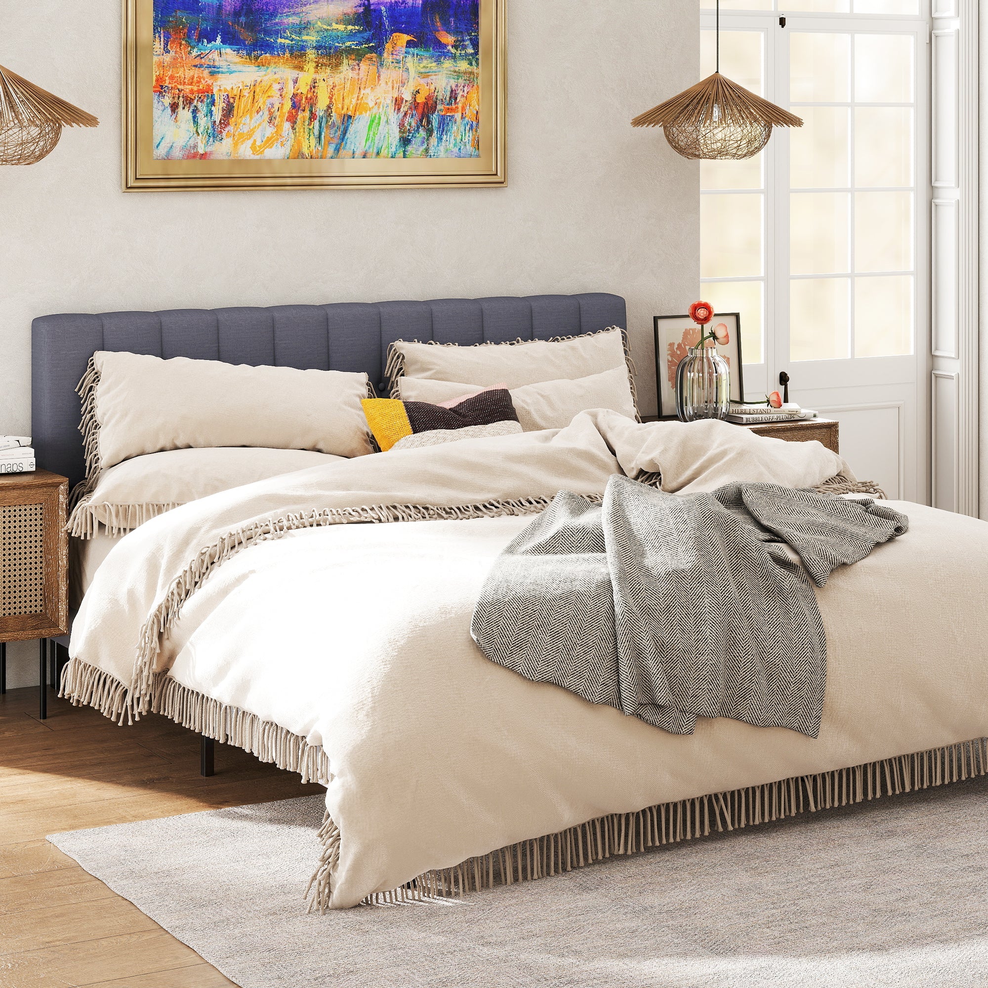 Fabric Upholstered Platform Bed Adjustable Headboard