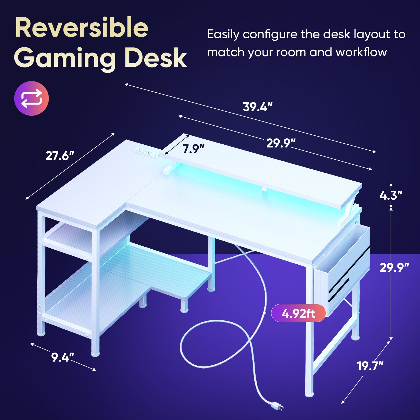 L-Shaped Gaming Desk with LED & Power