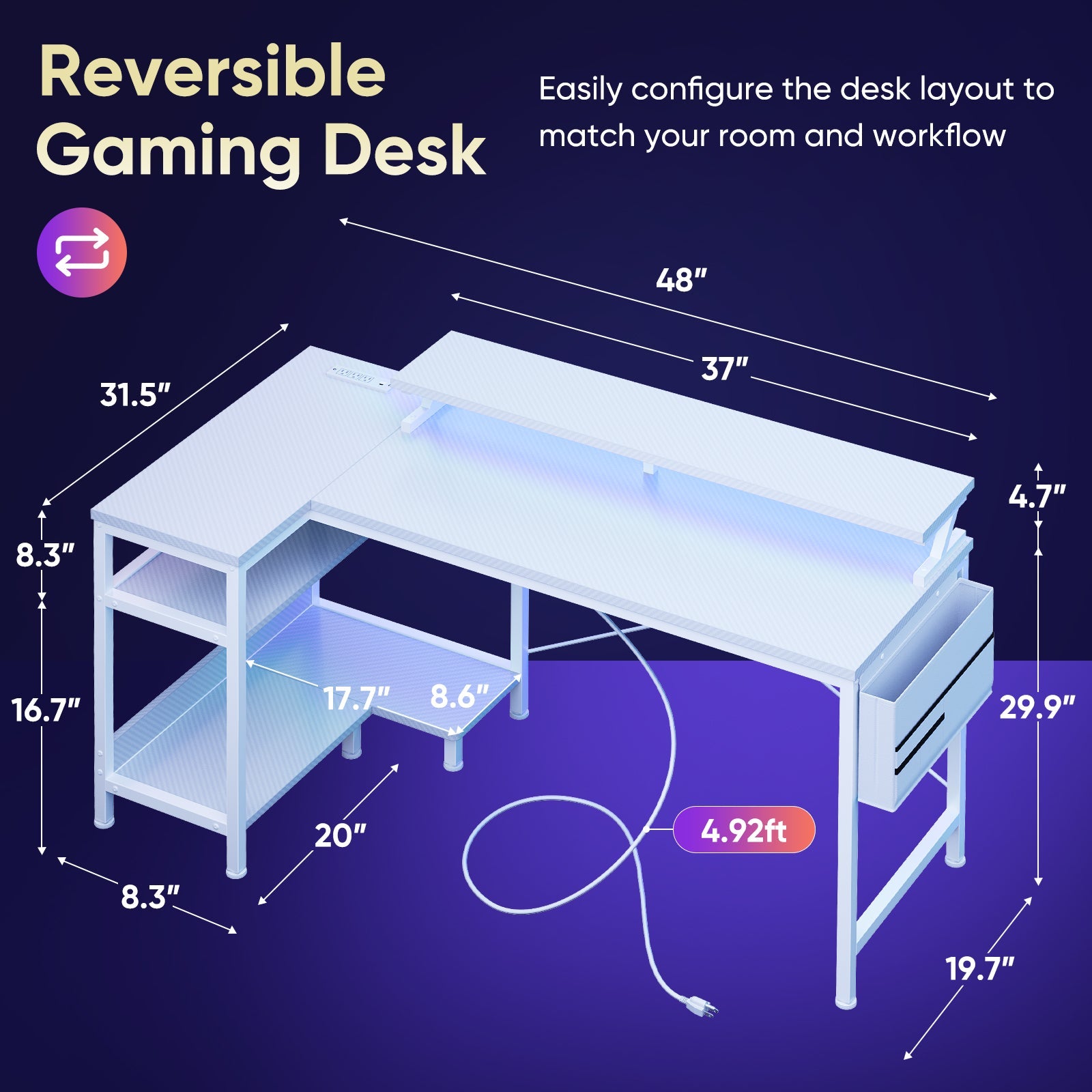 L-Shaped Gaming Desk with LED & Power