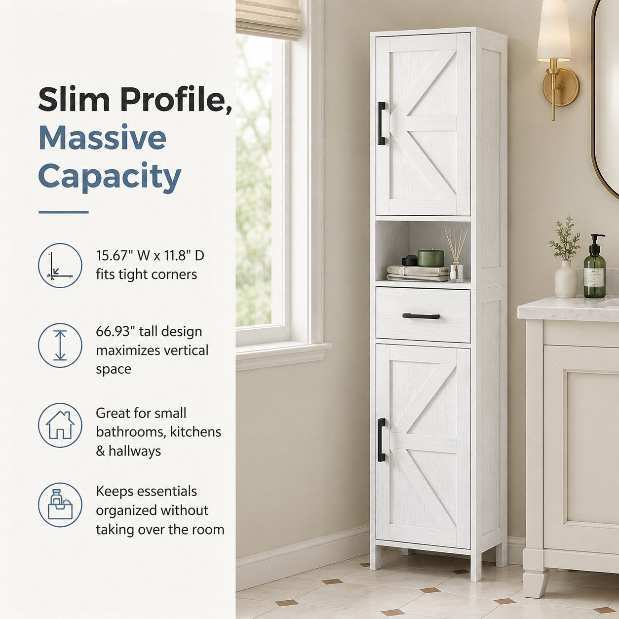 Tall Narrow Storage Cabinet with 2 Barn Doors & Drawer