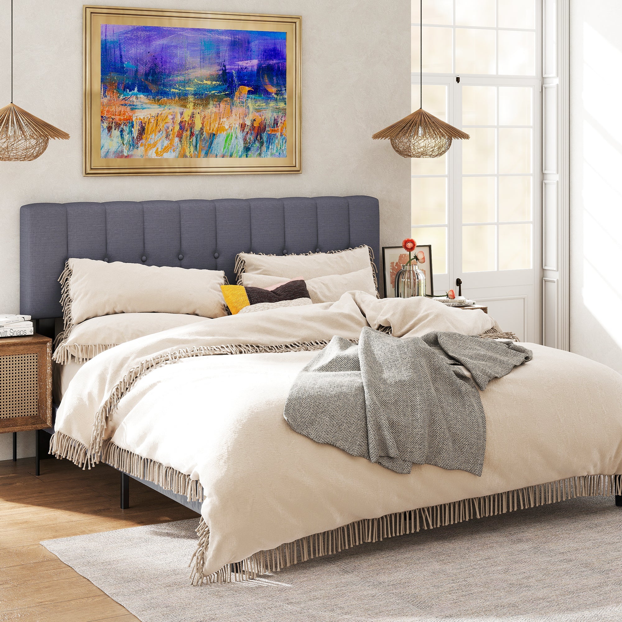 Fabric Upholstered Platform Bed Adjustable Headboard