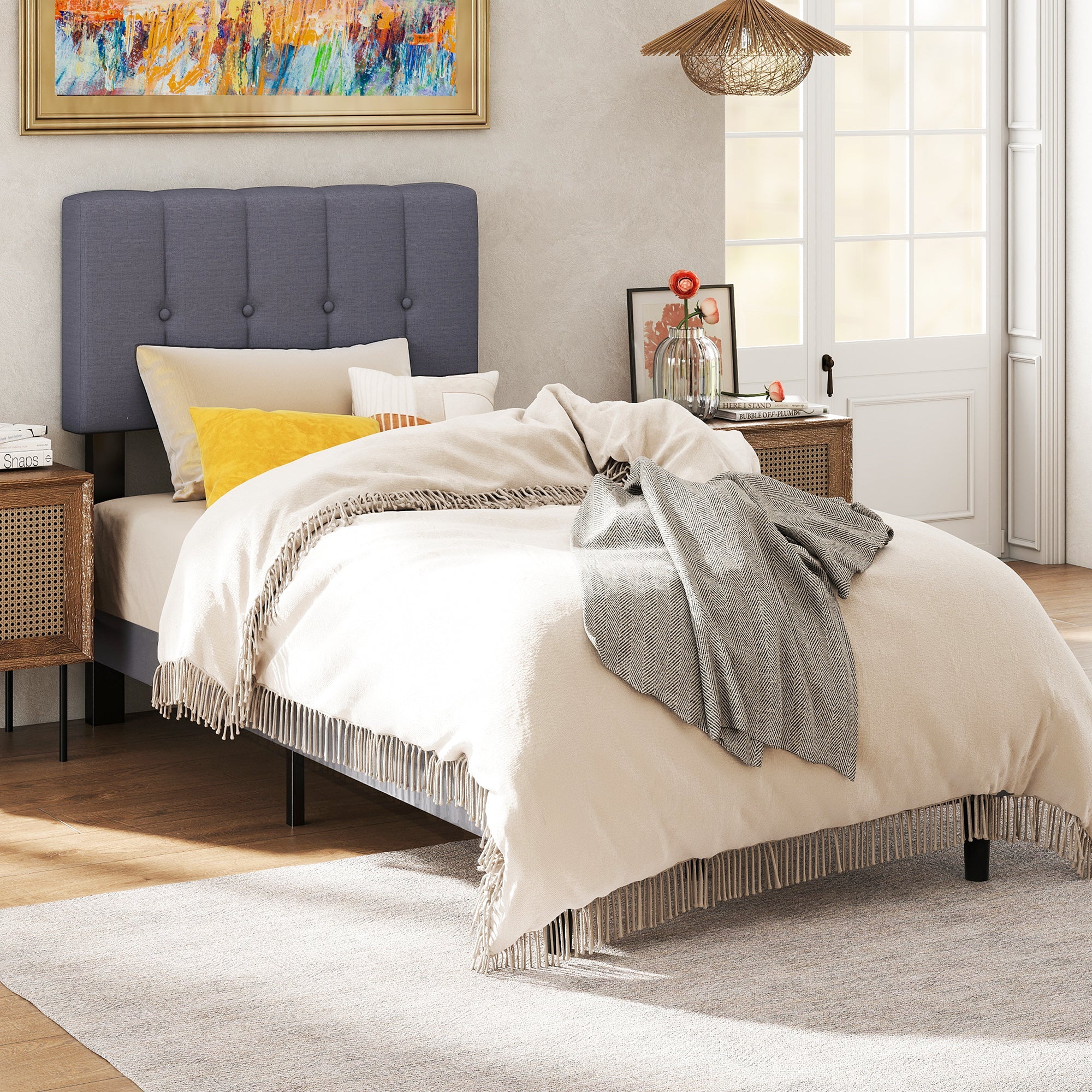 Fabric Upholstered Platform Bed Adjustable Headboard