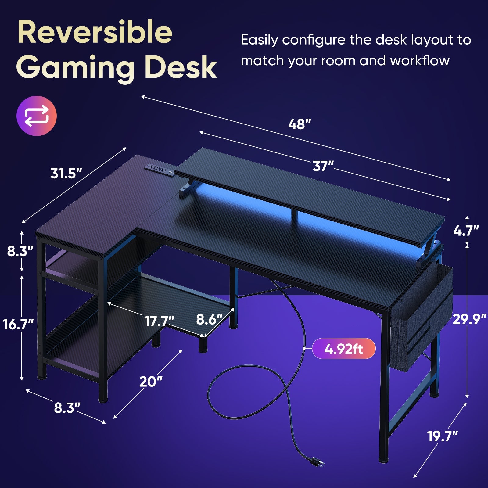L-Shaped Gaming Desk with LED & Power