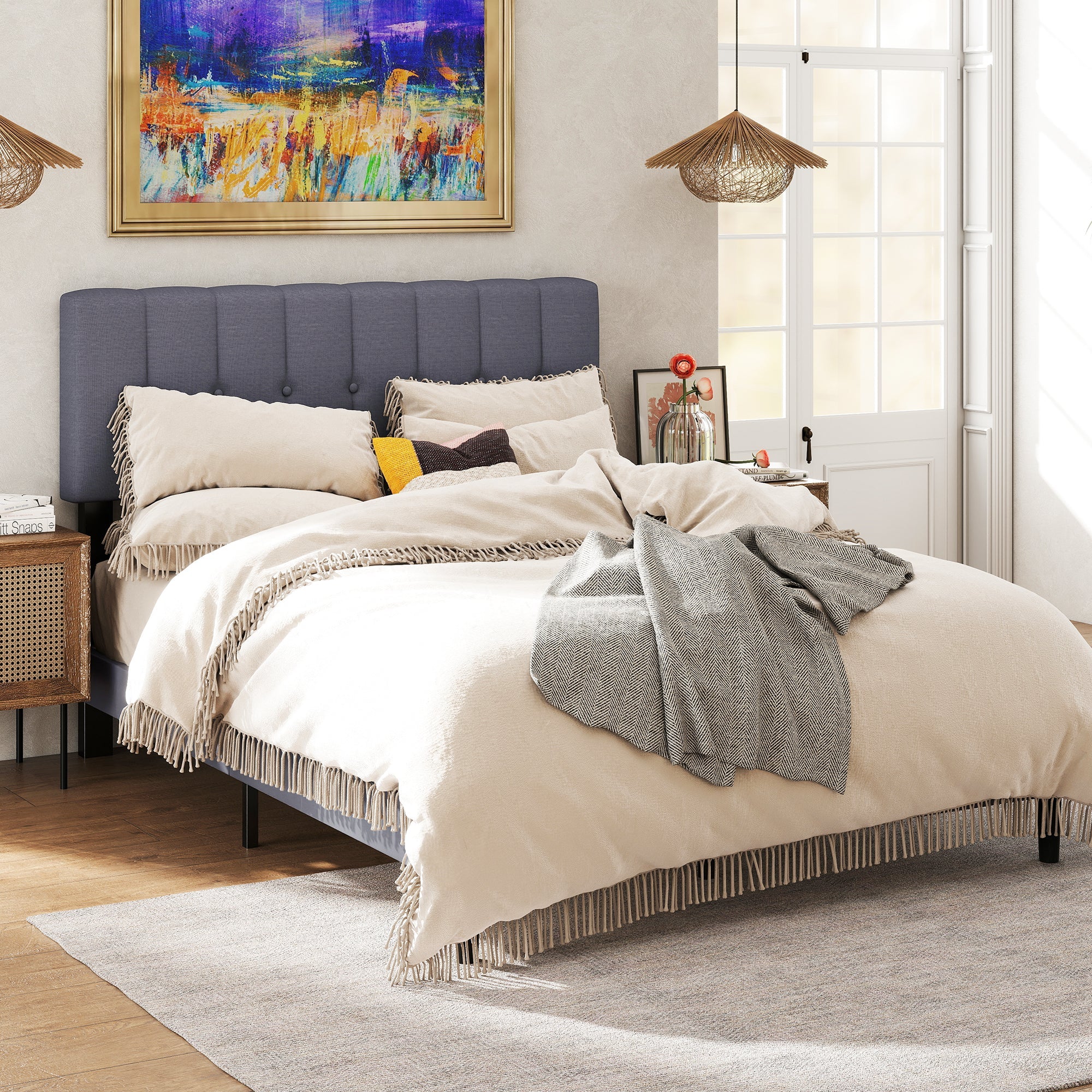 Fabric Upholstered Platform Bed Adjustable Headboard