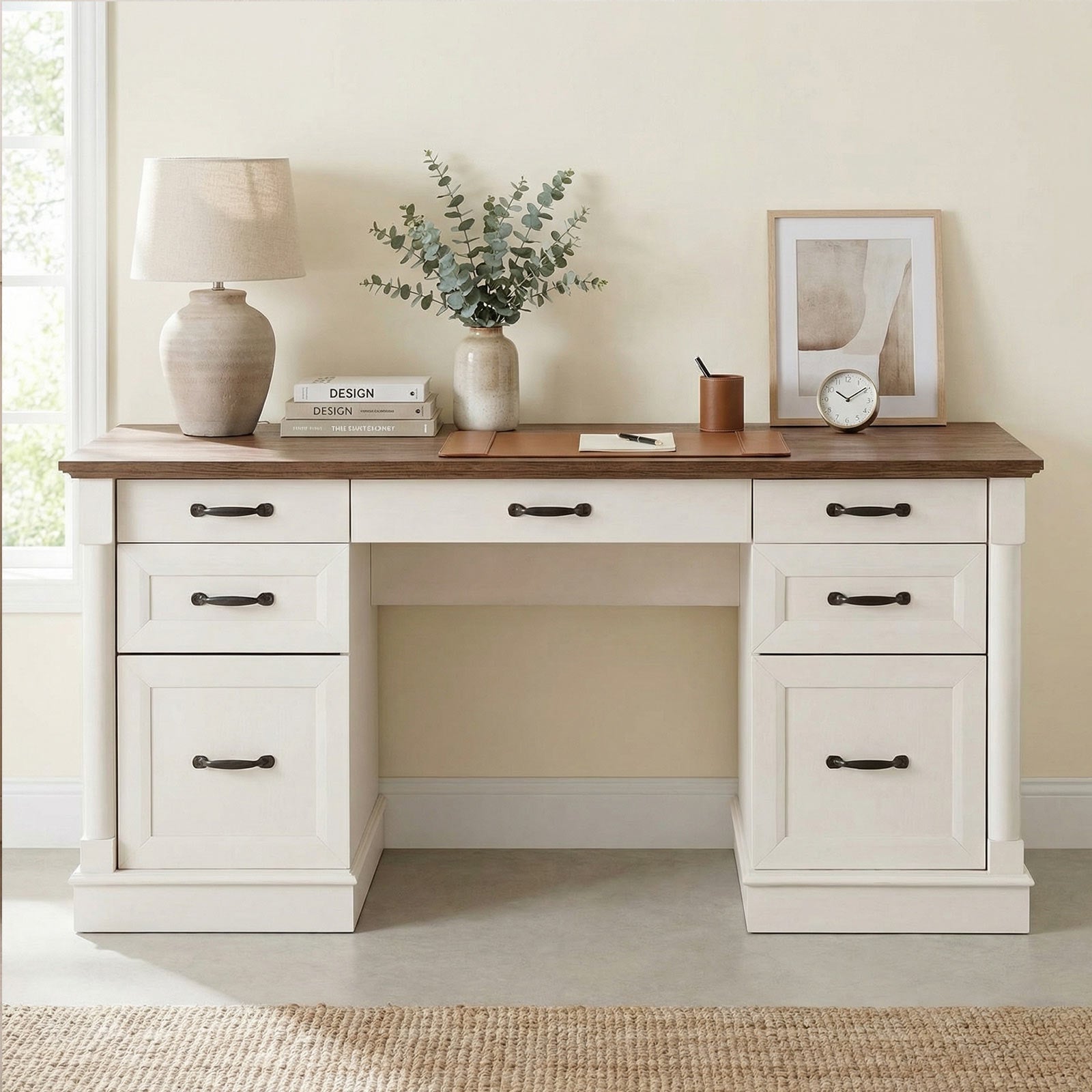 Farmhouse Executive Wood Desk 7 Drawers
