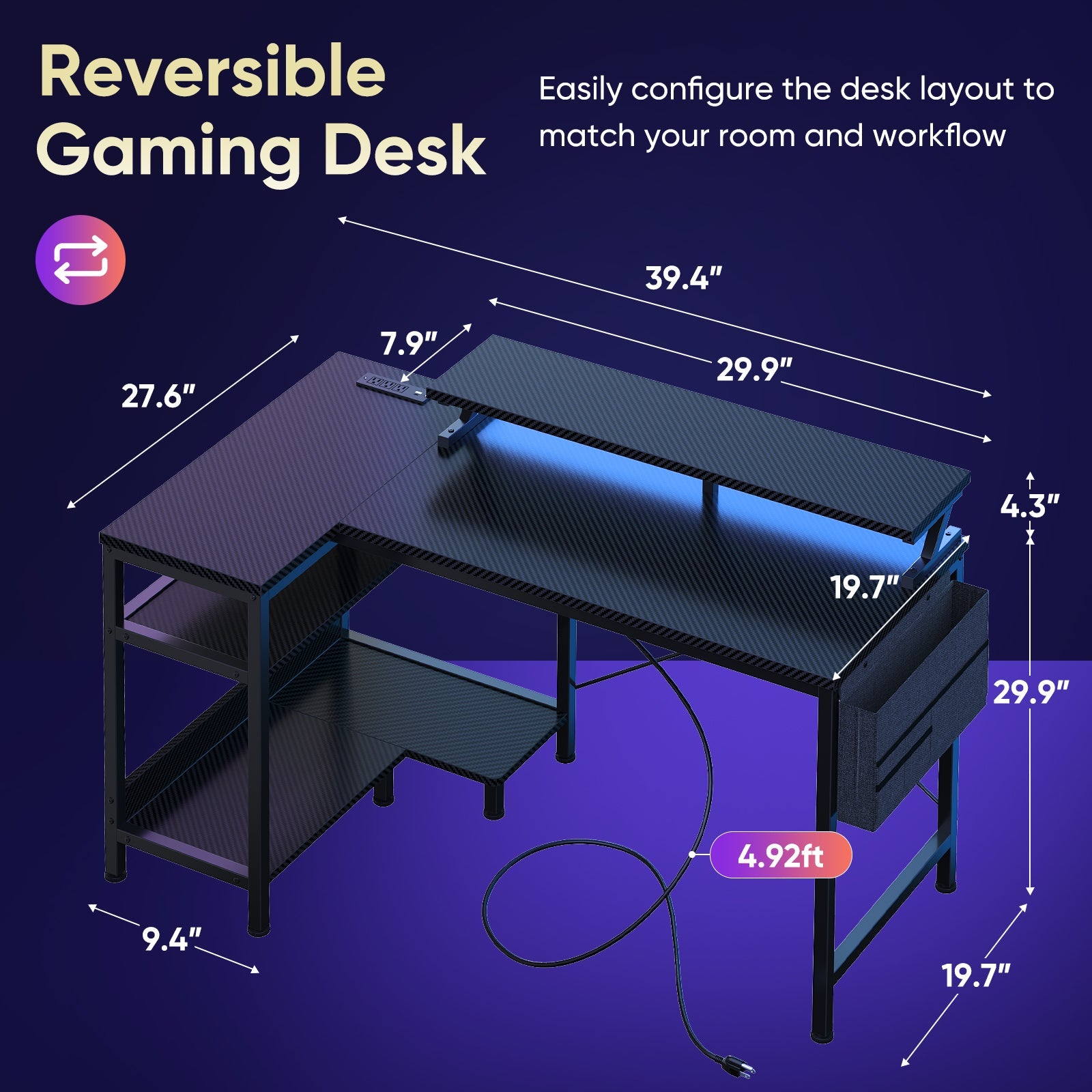 L-Shaped Gaming Desk with LED & Power