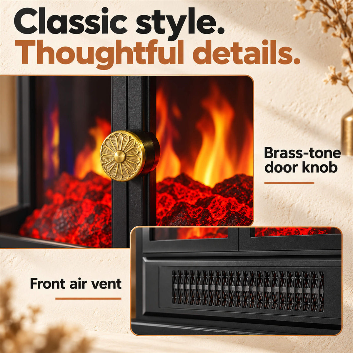 Electric Fireplace Heater with 3 Flame Effects & 2 Heating Modes