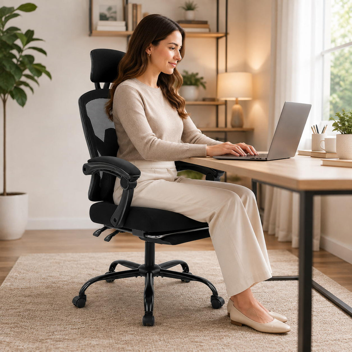 Ergonomic Mesh Office Chair with Retractable Footrest 