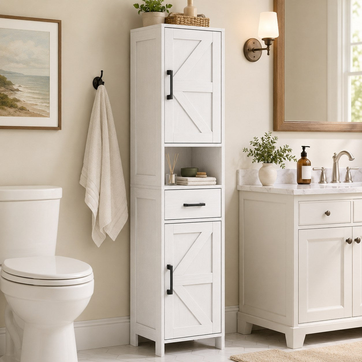 Tall Narrow Storage Cabinet with 2 Barn Doors & Drawer