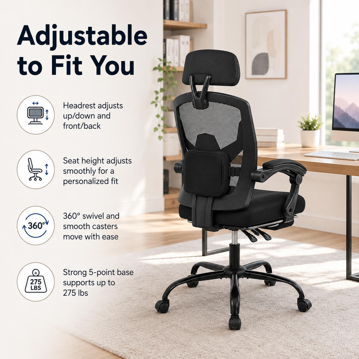 Ergonomic Mesh Office Chair with Retractable Footrest 