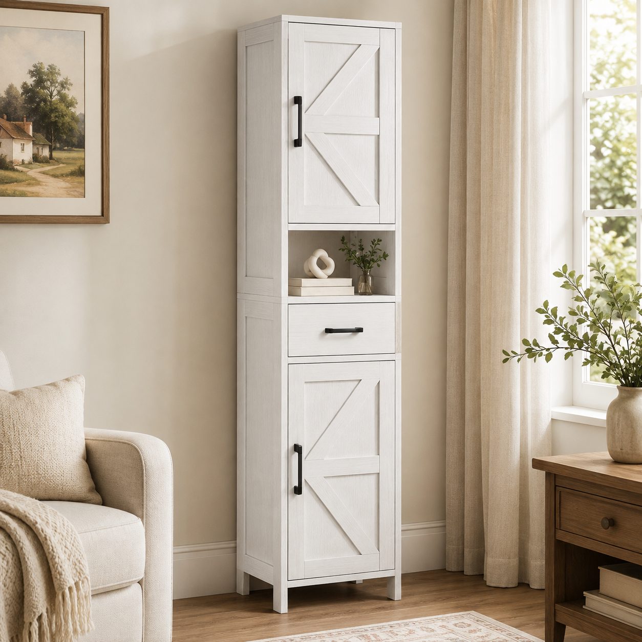 Tall Narrow Storage Cabinet with 2 Barn Doors & Drawer
