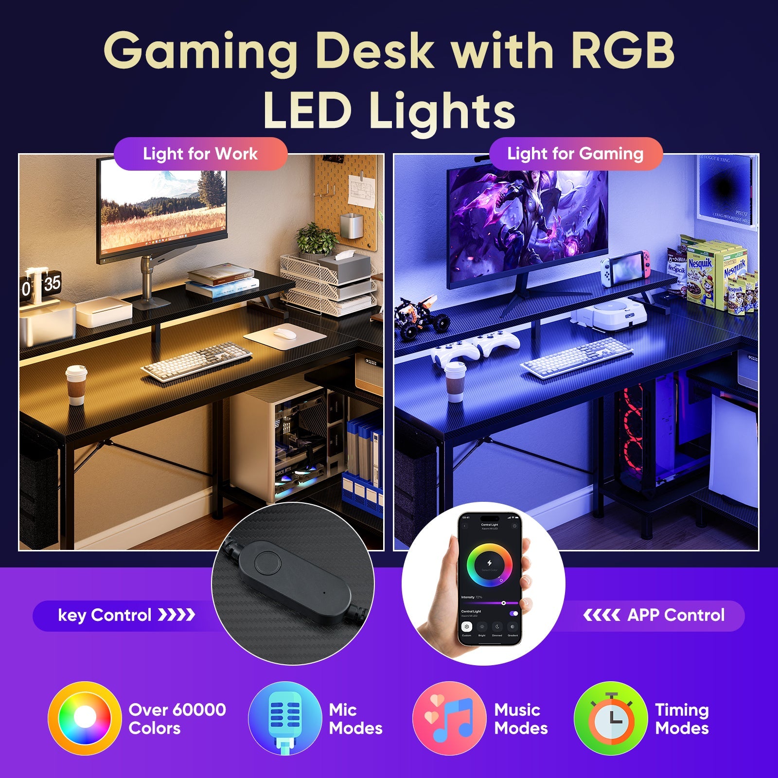 L-Shaped Gaming Desk with LED & Power