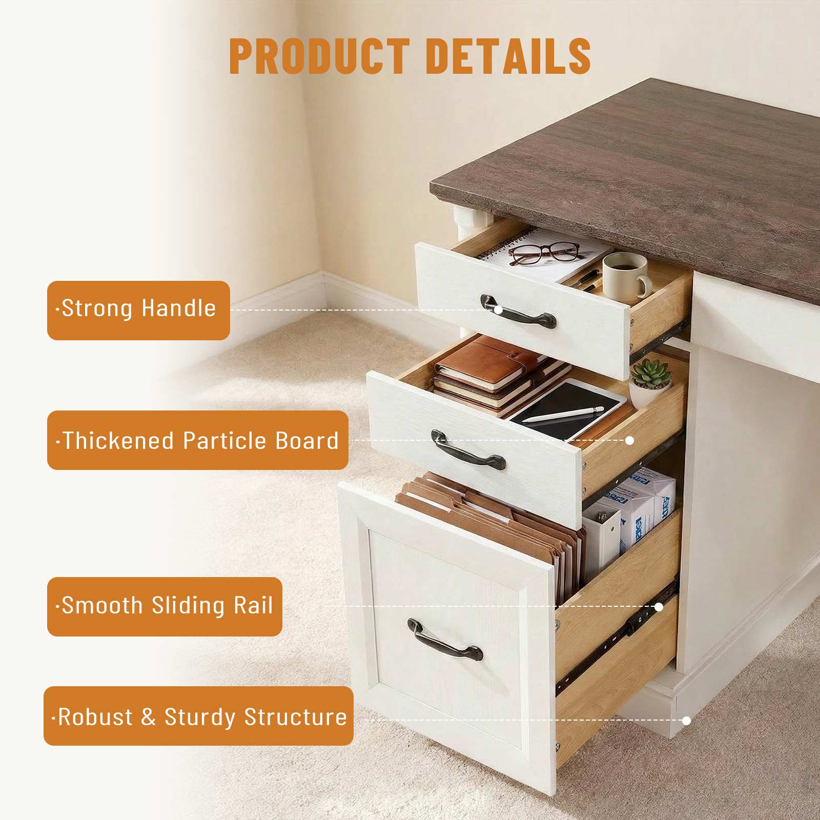Farmhouse Executive Wood Desk 7 Drawers