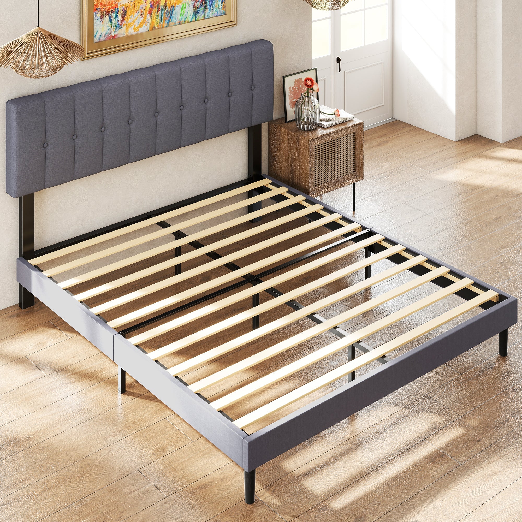 Fabric Upholstered Platform Bed Adjustable Headboard