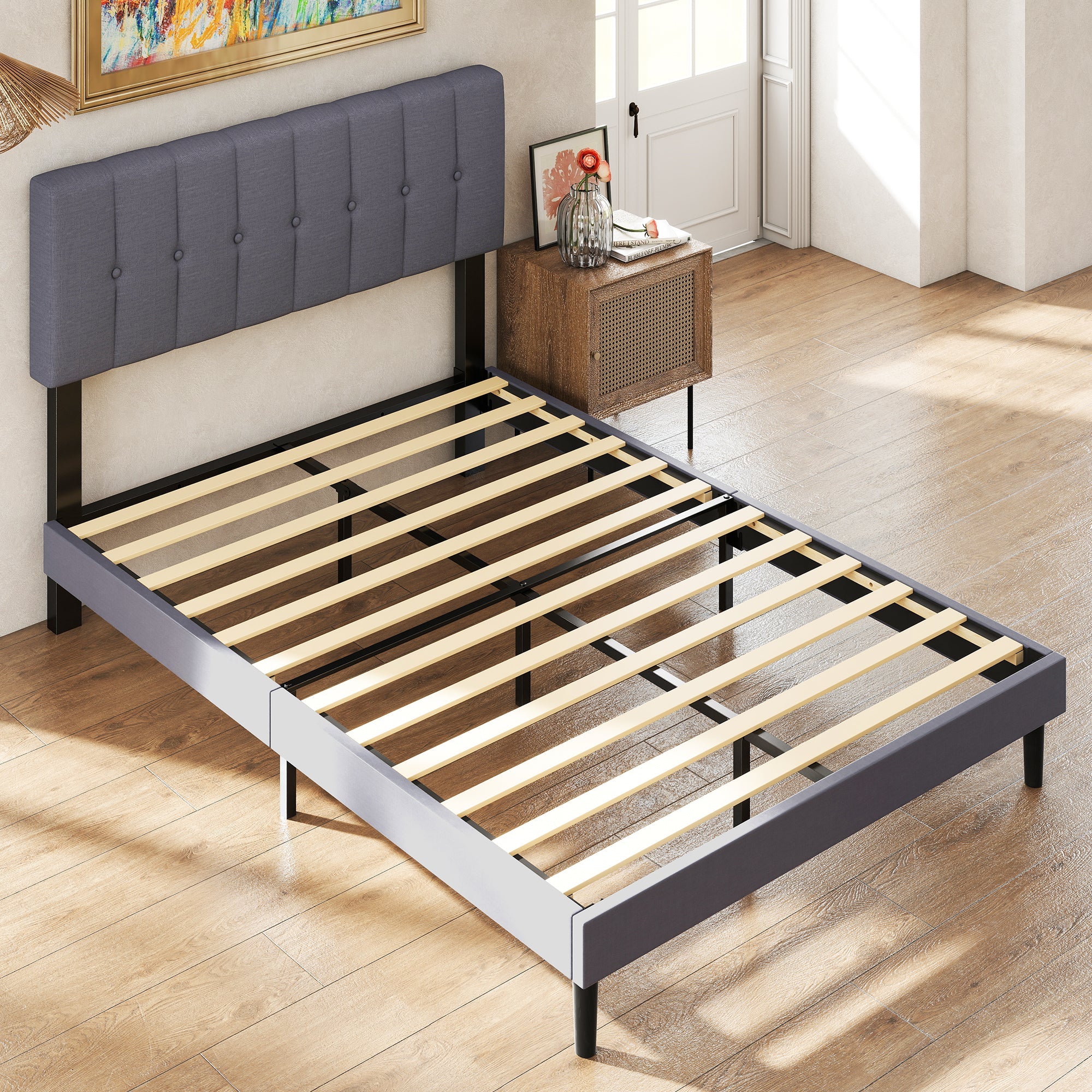 Fabric Upholstered Platform Bed Adjustable Headboard