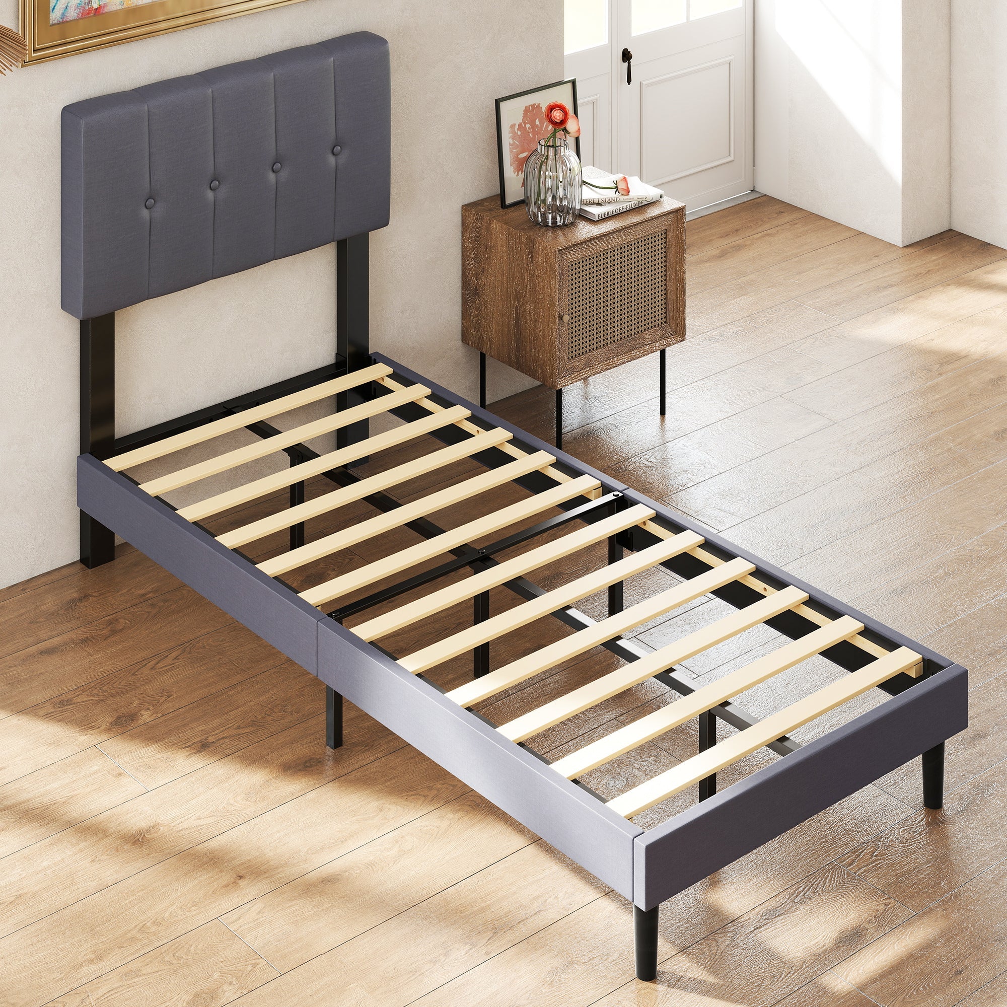 Fabric Upholstered Platform Bed Adjustable Headboard