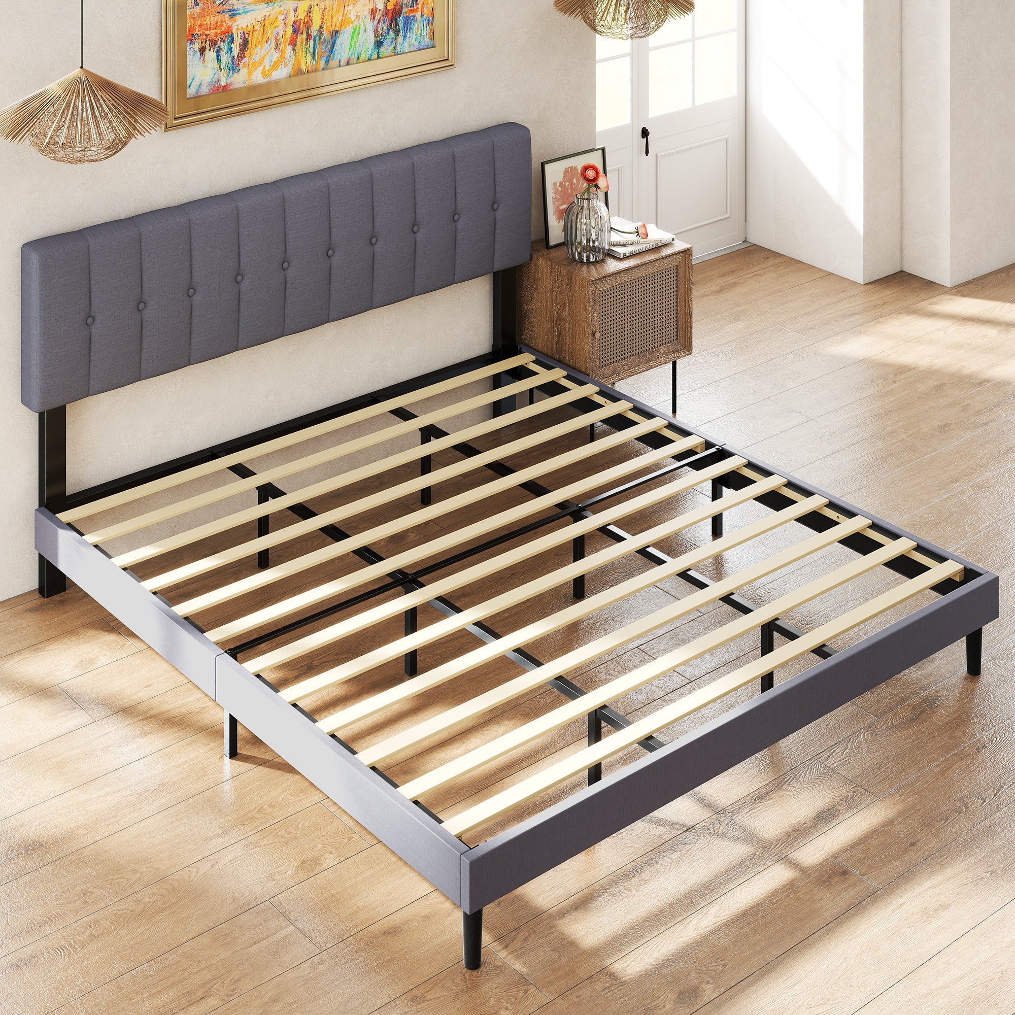Fabric Upholstered Platform Bed Adjustable Headboard