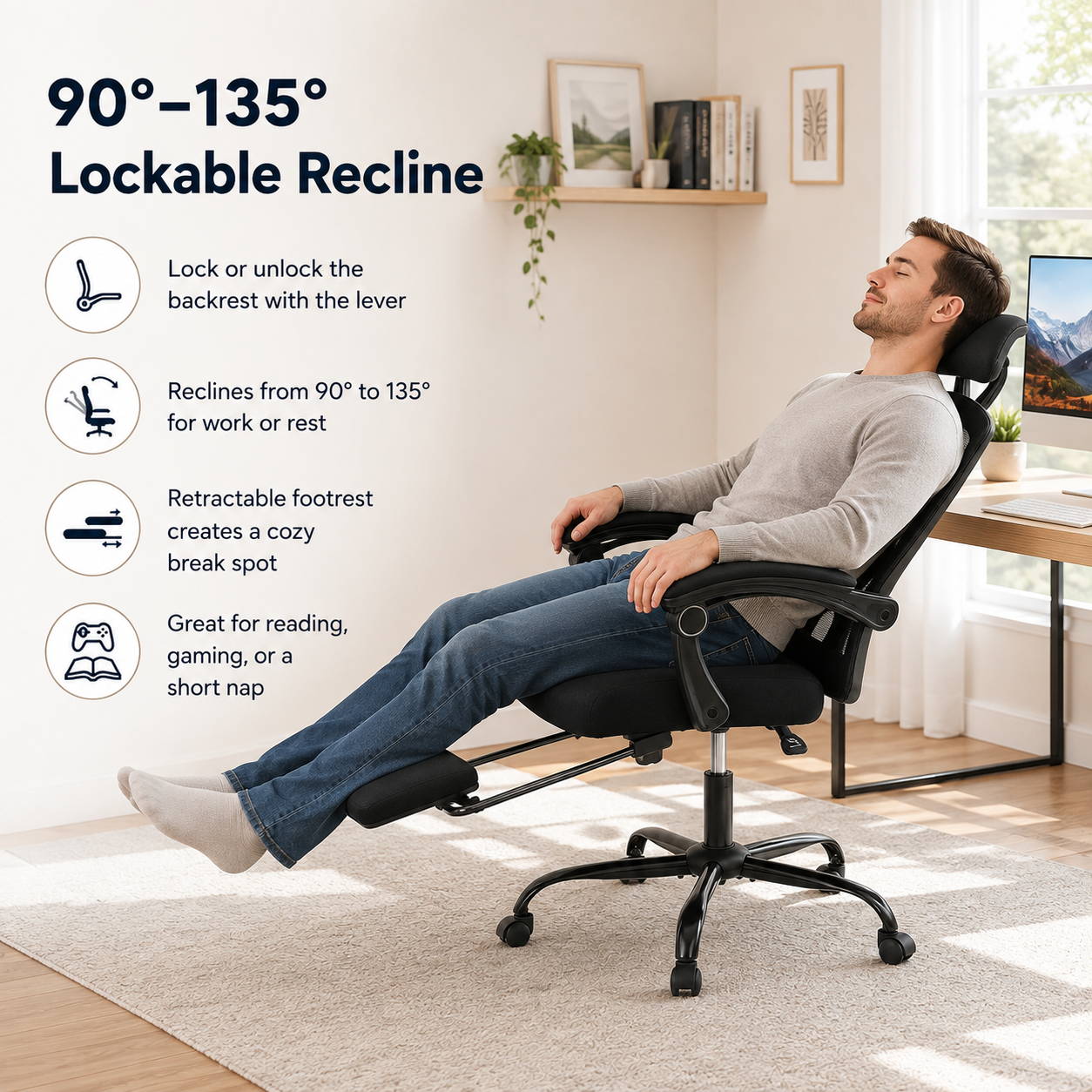 Ergonomic Mesh Office Chair with Retractable Footrest 