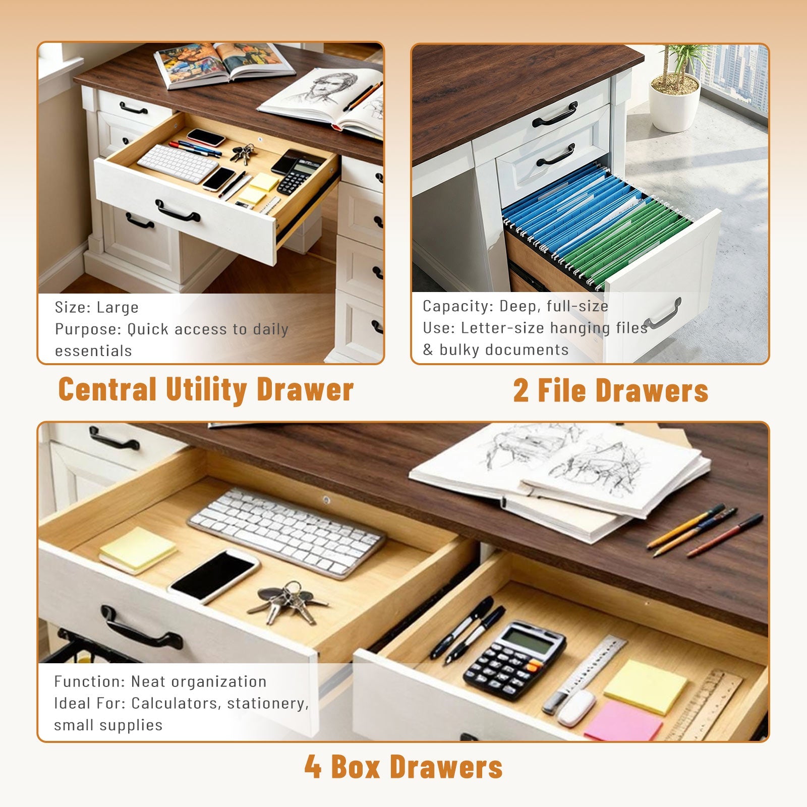 Farmhouse Executive Wood Desk 7 Drawers