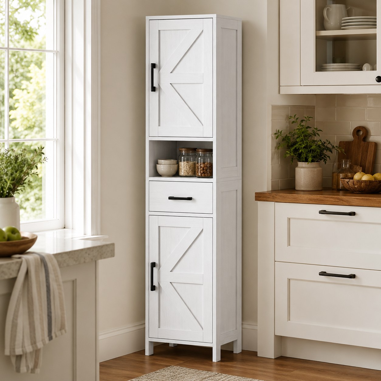 Tall Narrow Storage Cabinet with 2 Barn Doors & Drawer