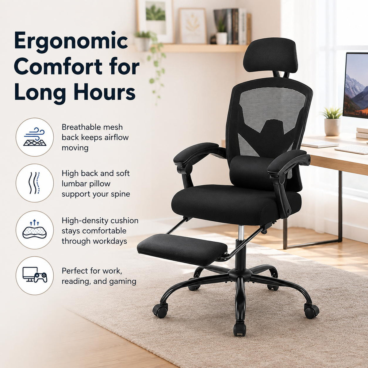 Ergonomic Mesh Office Chair with Retractable Footrest 