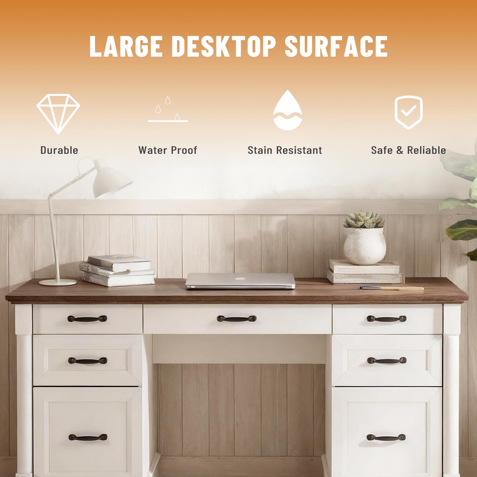 Farmhouse Executive Wood Desk 7 Drawers