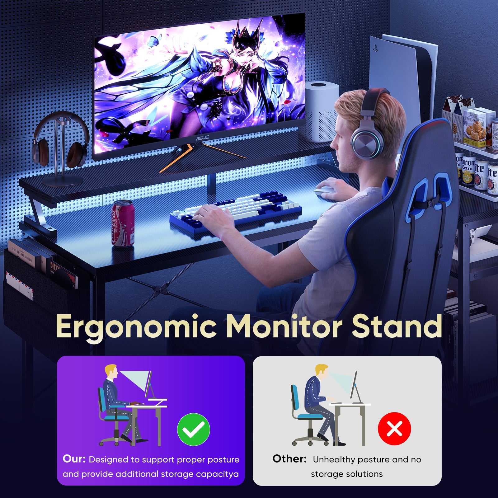 L-Shaped Gaming Desk with LED & Power
