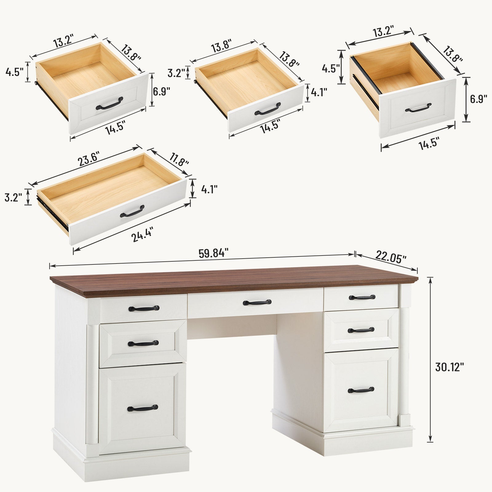 Farmhouse Executive Wood Desk 7 Drawers