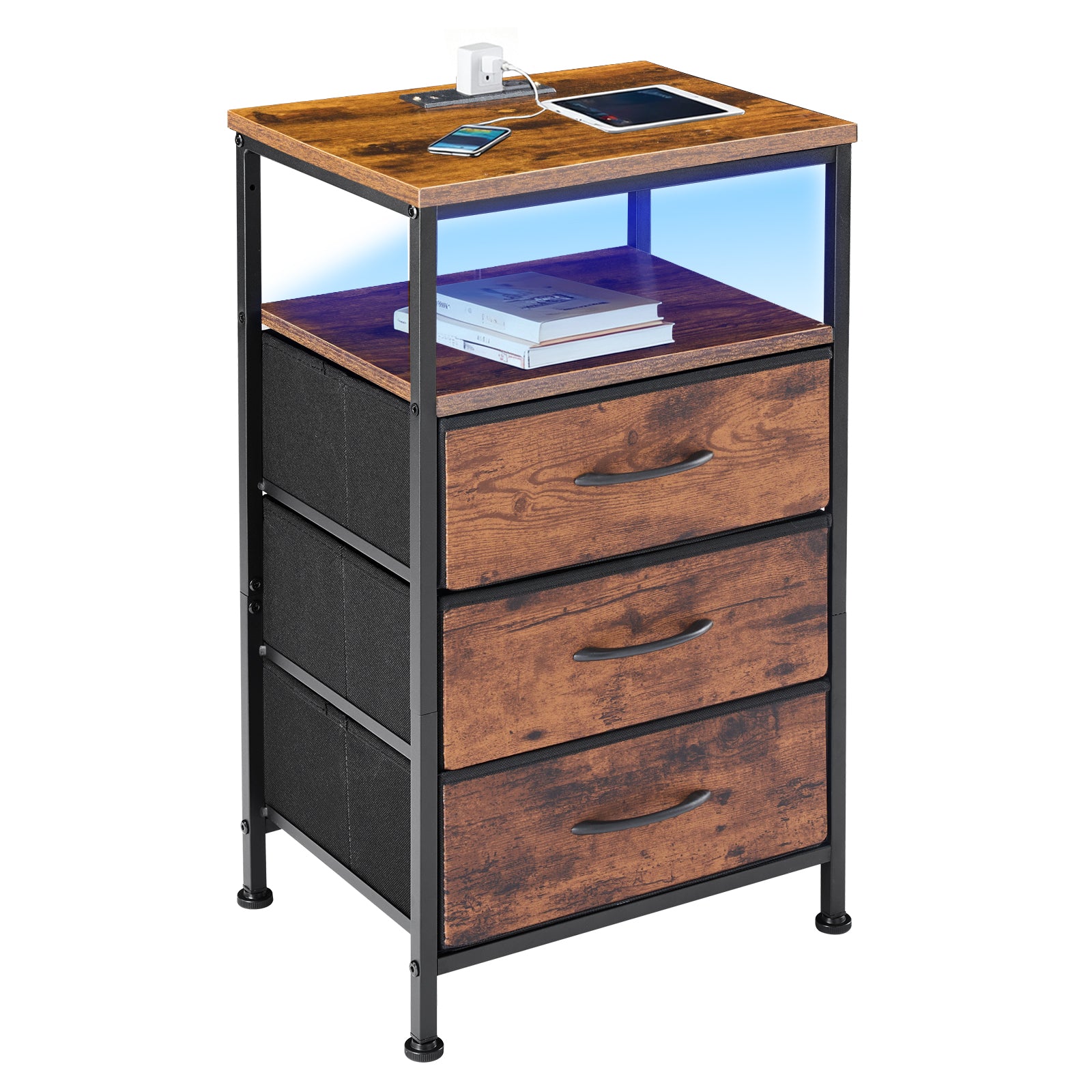 Nightstand with Charging Station – Bedside Table with 3/4/5 Fabric Drawers, LED Strip & USB/Type-C Ports