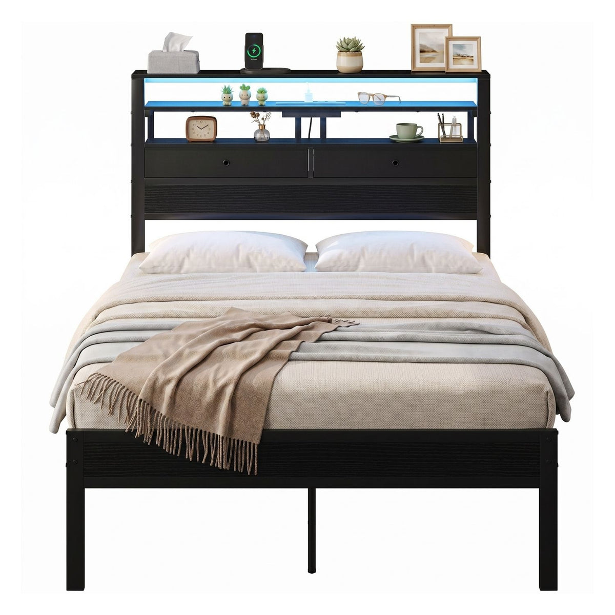 Platform Bed Frame with LED Lights, Charging Station & Storage Drawers – Twin, Full, Queen & King