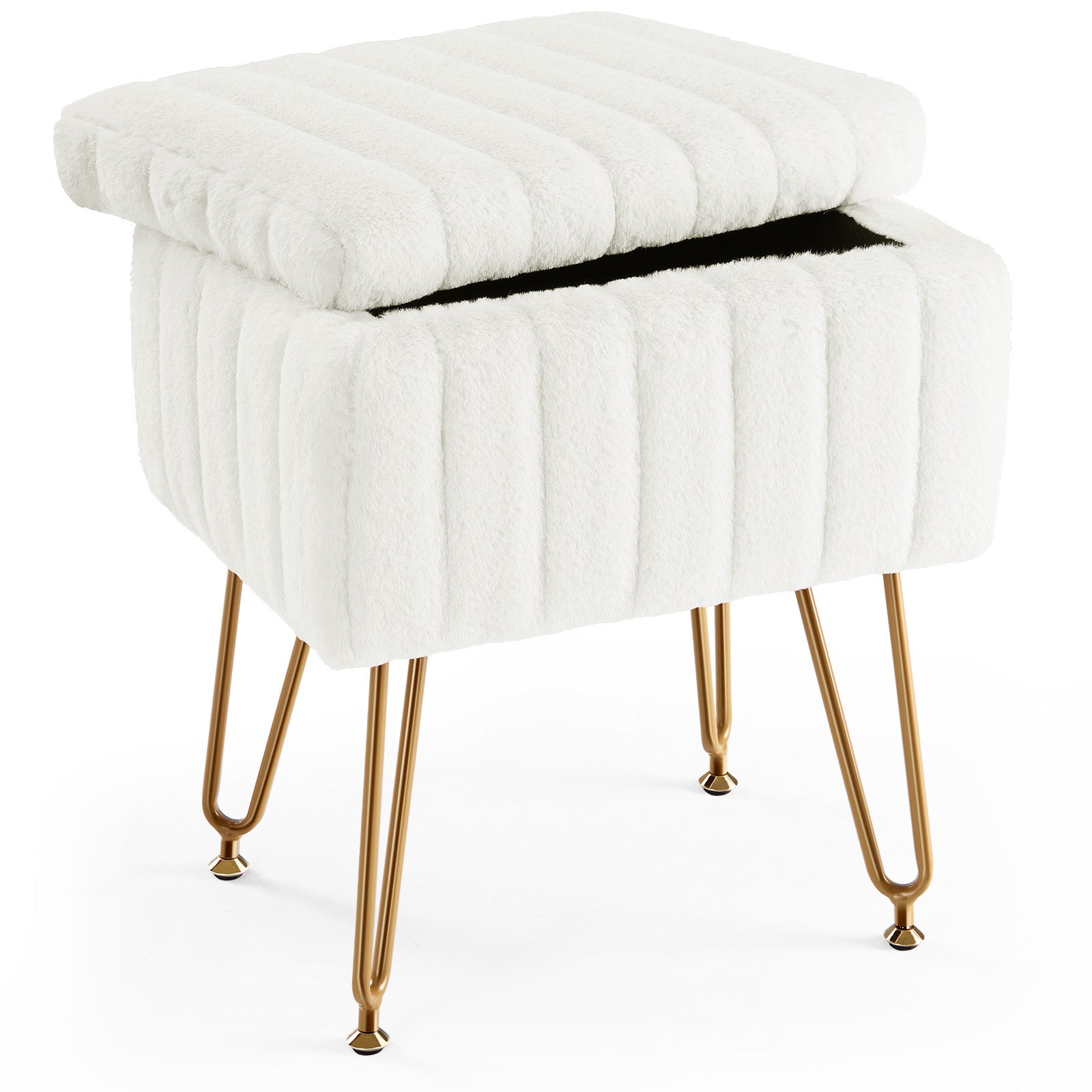 WareBay Vanity Stool with Hidden Storage & Faux Fur Cushion | Metal Legs