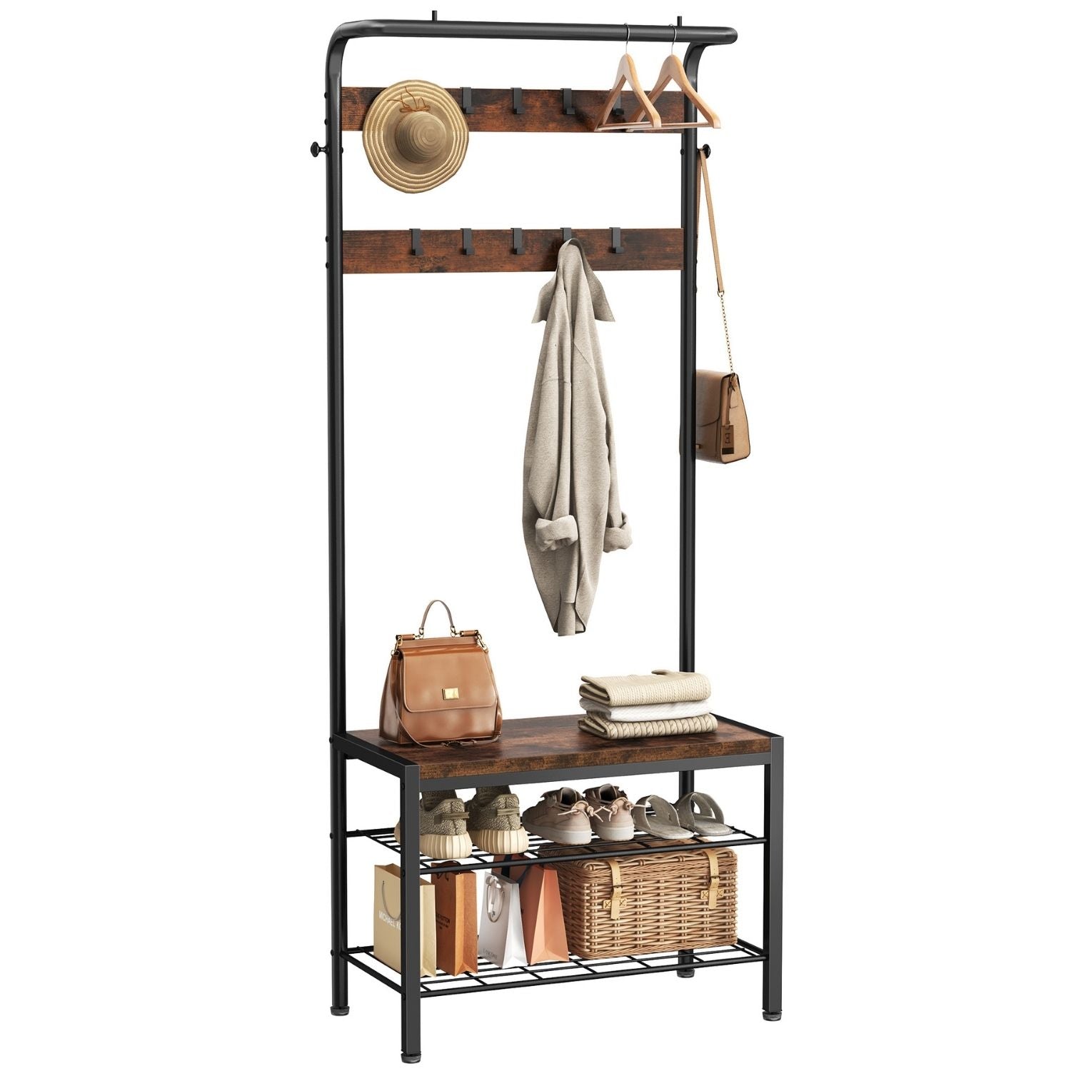 WareBay Entryway Hall Tree | Coat Rack, Shoe Bench & Storage Shelves with Hooks