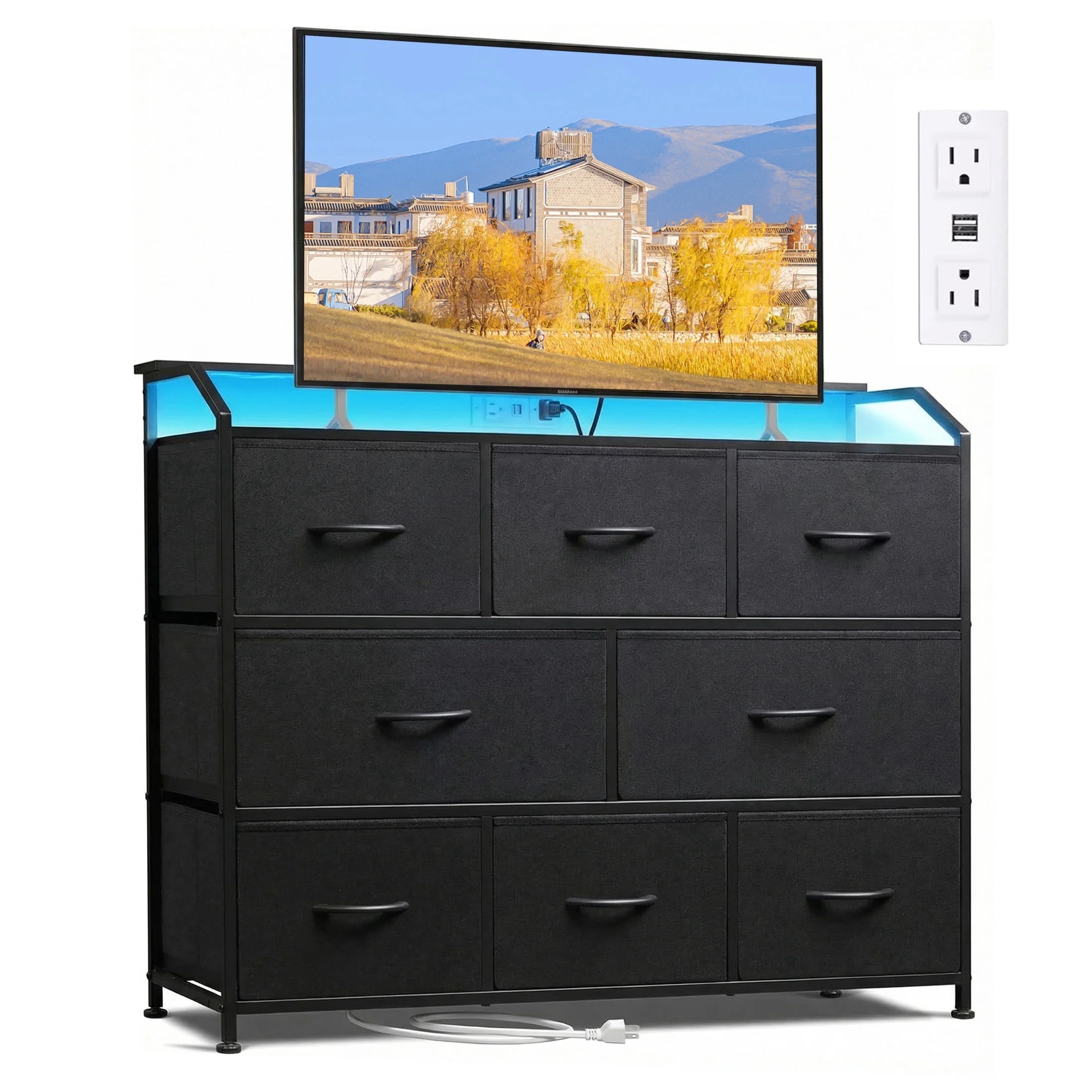 WareBay TV Stand with LED Lights & Power Outlets | 8-Drawer Fabric Storage Cabinet