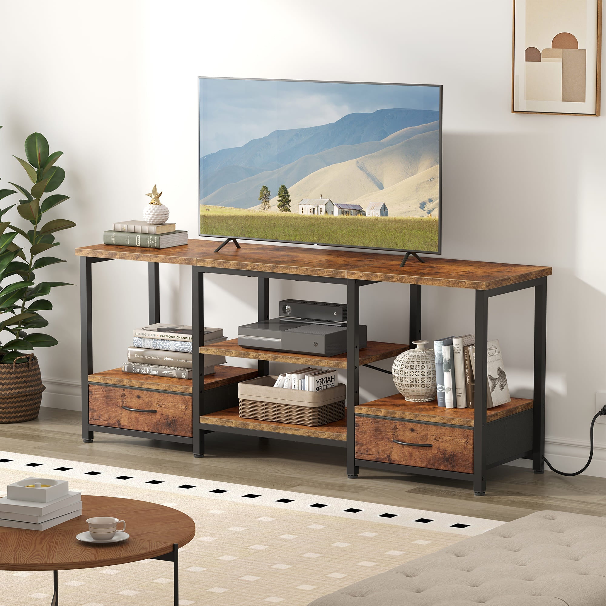 Brown Wood TV Stand with Fabric Drawers